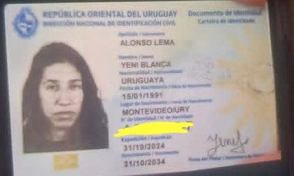 Documento uruguayo de Yeni Blanca Alonso Lema, encontrada en Samaipata, Bolivia.
