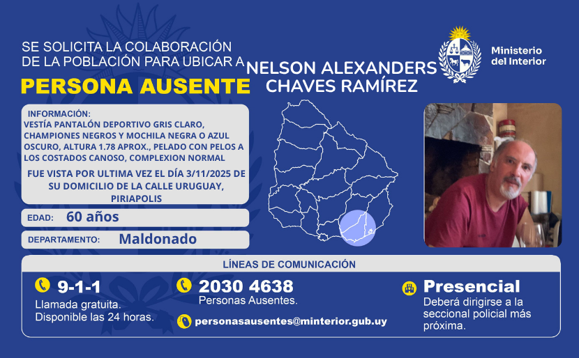 Nelson Alexanders Chaves Ramírez, hombre de 60 años buscado por la Policía de Maldonado tras ausentarse en Piriápolis.
