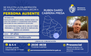 Alerta de persona ausente difundida por el Ministerio del Interior en Maldonado.