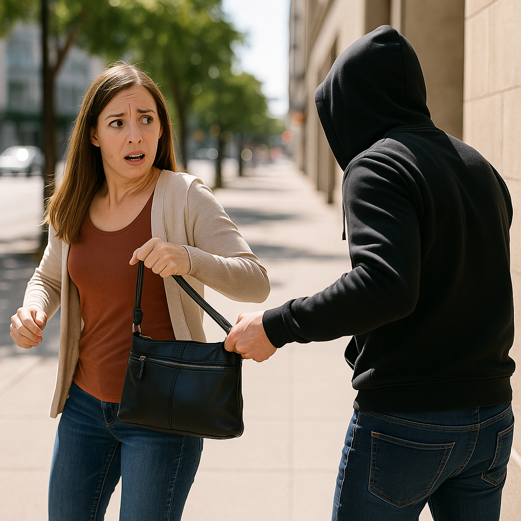 Hombre encapuchado le arrebata la cartera a una mujer en una calle urbana durante el día. Imagen ilustrativa.