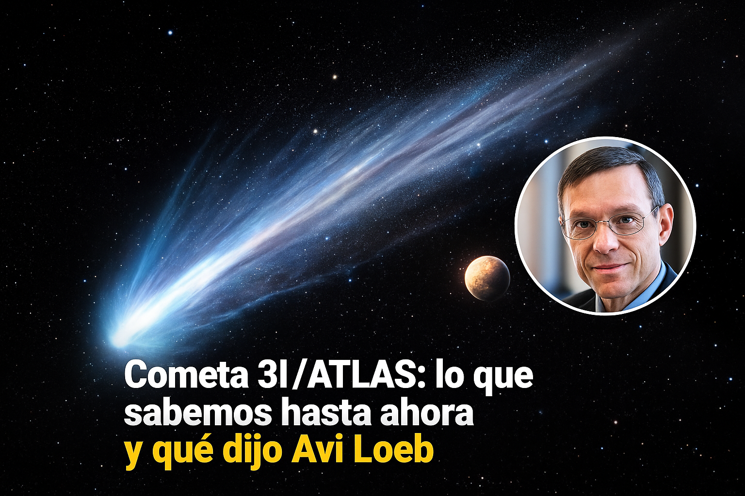 “Imagen ilustrativa del cometa 3I/ATLAS y un pequeño retrato de Avi Loeb como referencia.”
