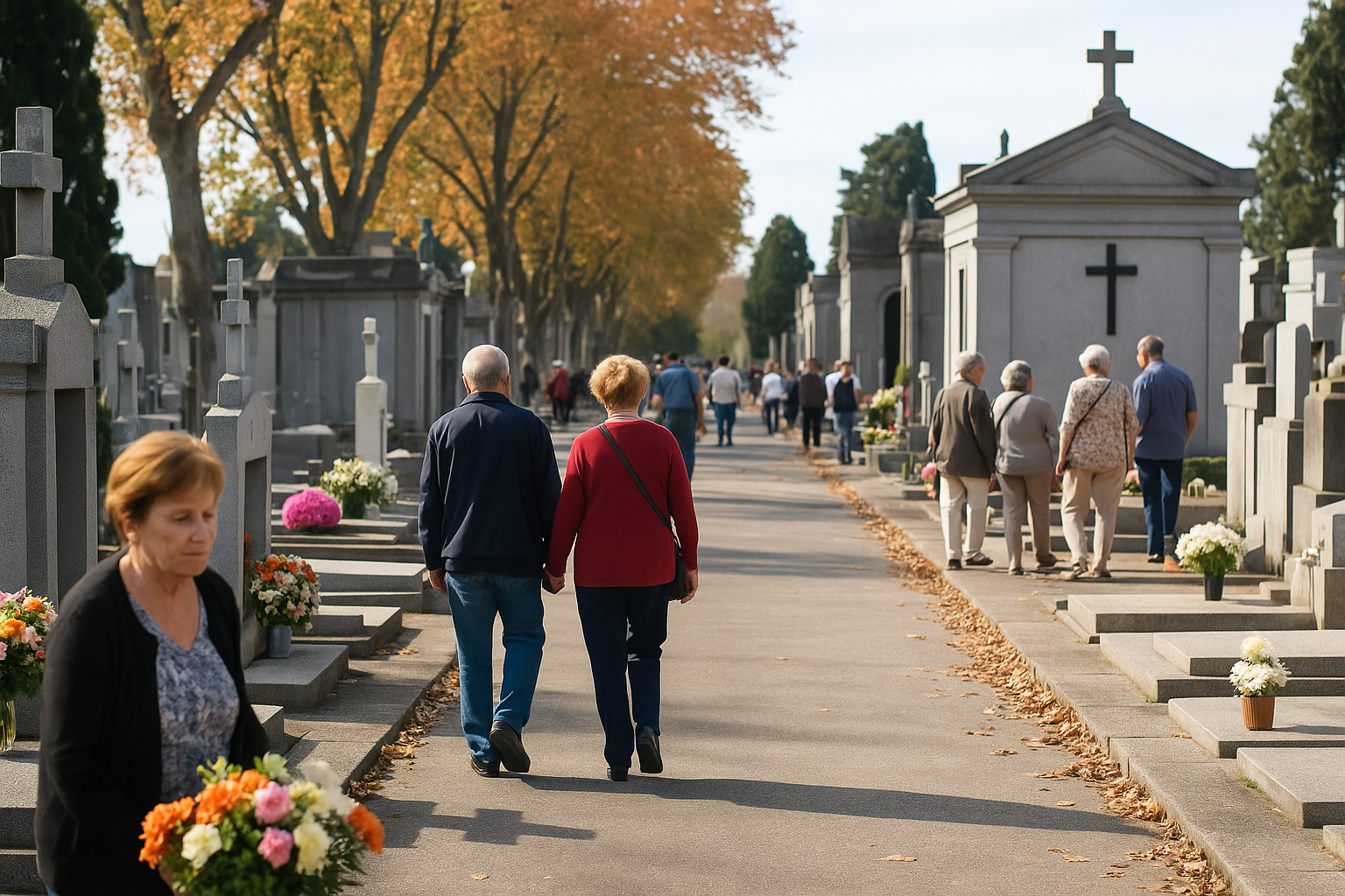Familia lleva flores al Cementerio Central de Montevideo el 2 de noviembre, Día de los Difuntos en Uruguay