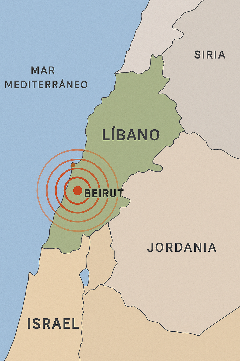 Mapa de Líbano e Israel con Beirut destacado en círculos concéntricos para ilustrar zonas de impacto.