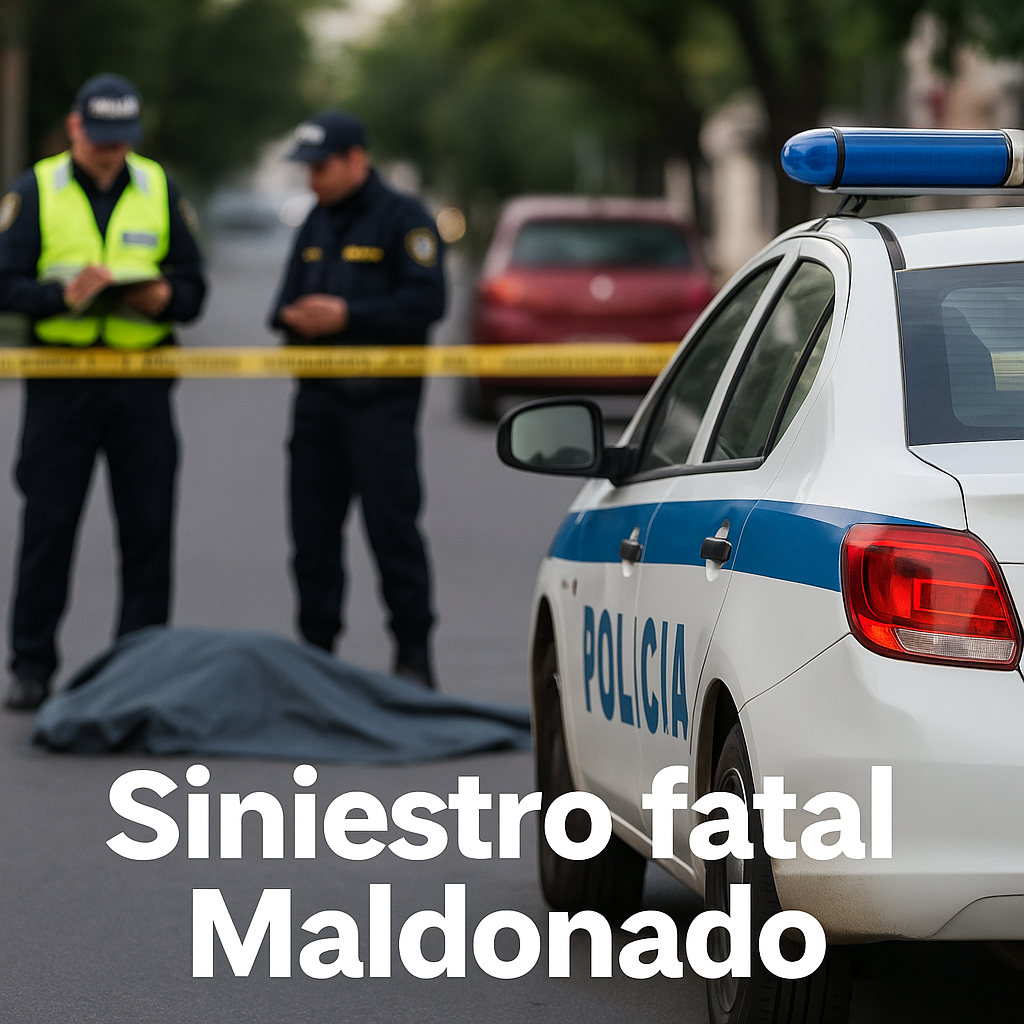 Patrullero y personal policial trabajando en un siniestro fatal en Maldonado.