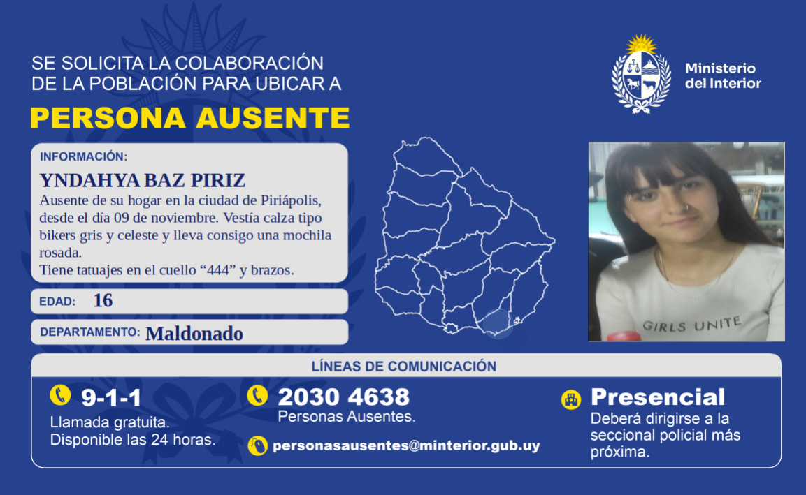 “Fotografía de Yndahya Baz Piriz, adolescente de 16 años buscada en Piriápolis desde el 9 de noviembre.”