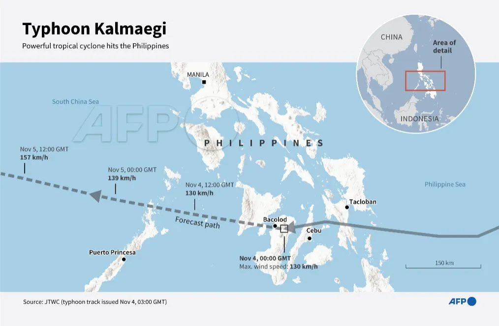 Mapa de la trayectoria del tifón Kalmaegi mostrando su recorrido a través del centro de Filipinas y su desplazamiento hacia el mar de la China Meridional, con velocidades de viento entre 130 y 157 km/h.