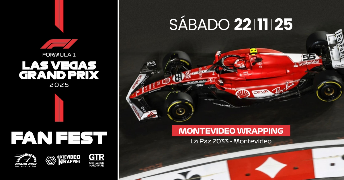 Afiche del evento Fan Fest Las Vegas 2025 de GRAND PRIX AUTOSIM con Ferrari y detalles de lugar y hora.
