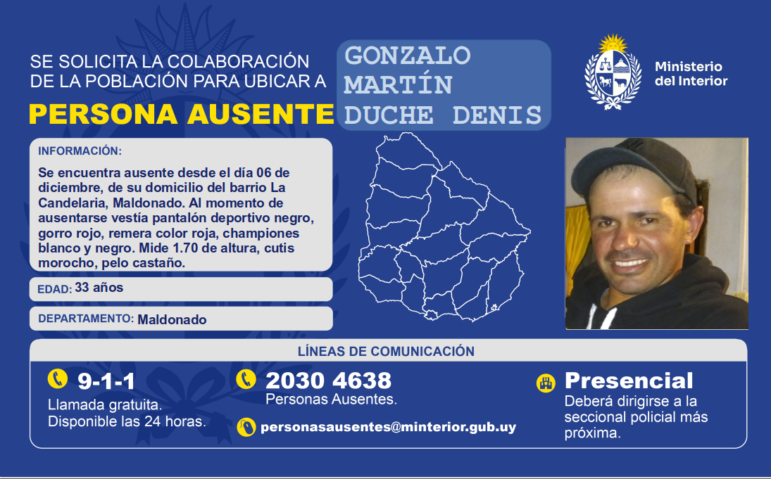Aviso oficial de búsqueda de Gonzalo Duche Denis, persona ausente en Maldonado