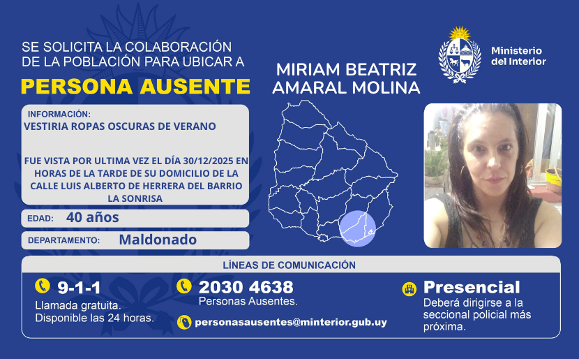 Placa oficial de persona ausente en Maldonado: Miriam Beatriz Amaral Molina (imagen oficial)
