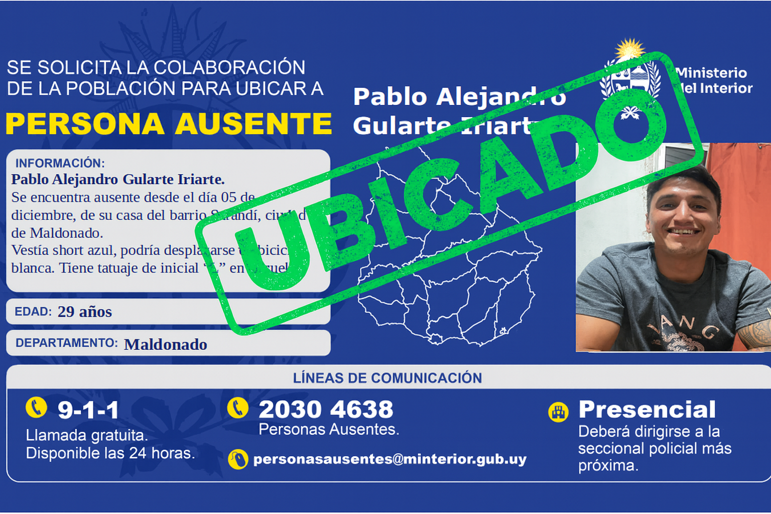 Aviso oficial de búsqueda actualizado por persona ubicada en Maldonado