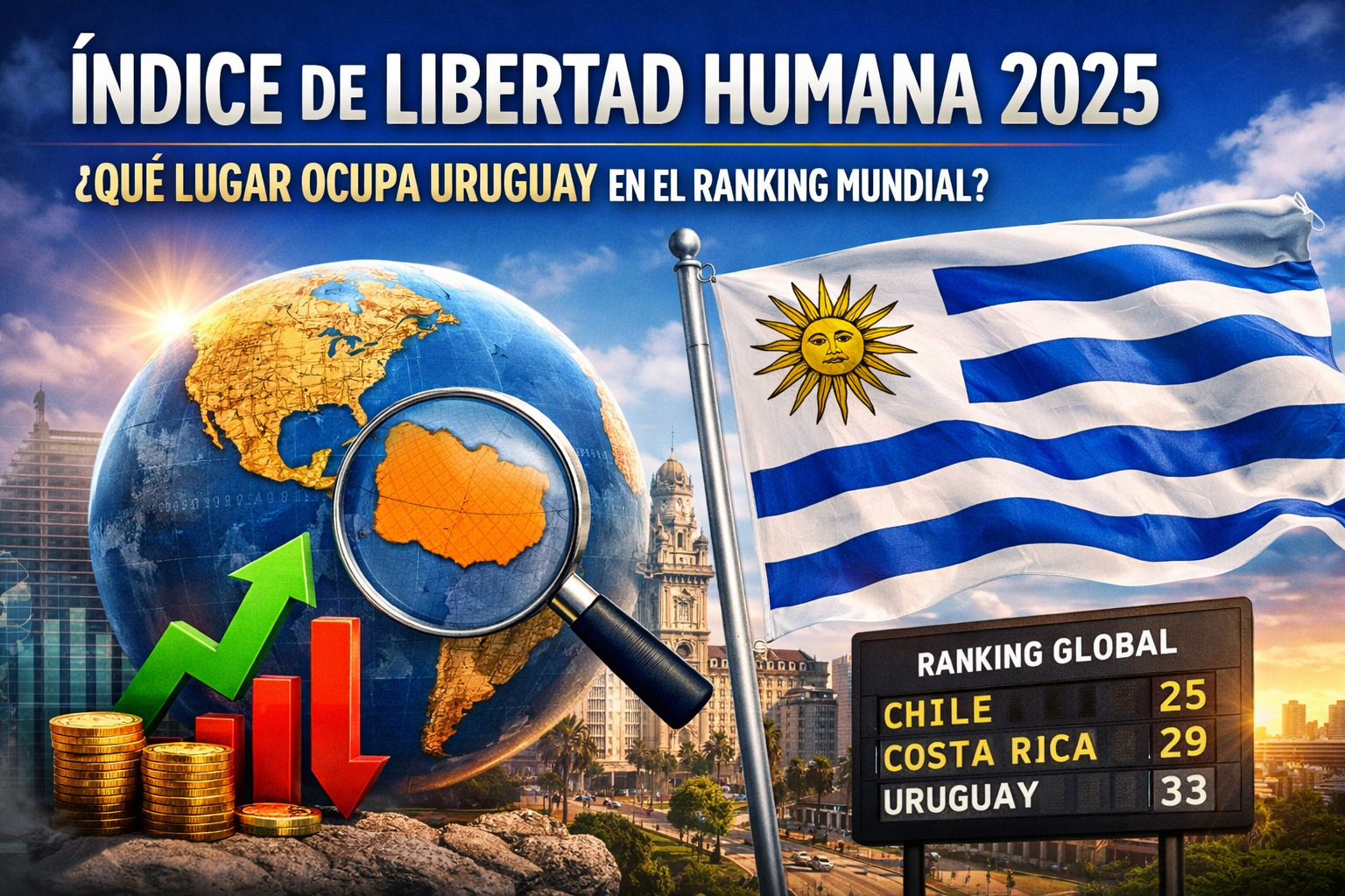 Portada del Índice de Libertad Humana 2025 con bandera de Uruguay y ranking global.