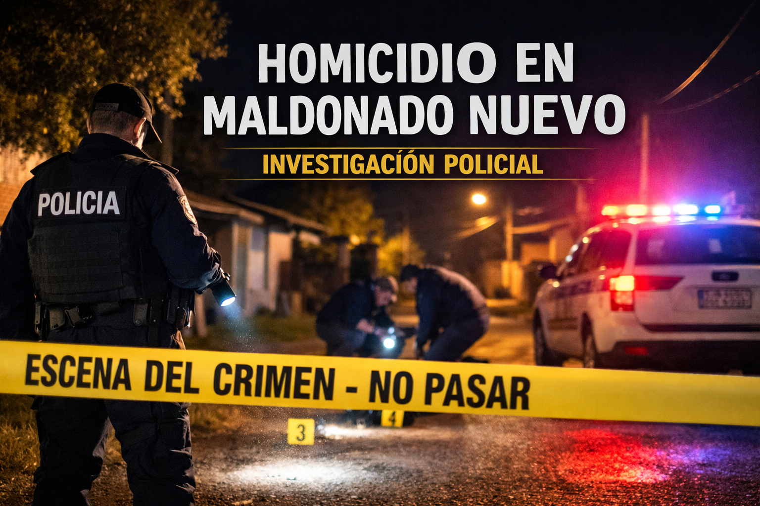 Escena policial nocturna con patrullero y cinta de seguridad por investigación de homicidio en Maldonado Nuevo.