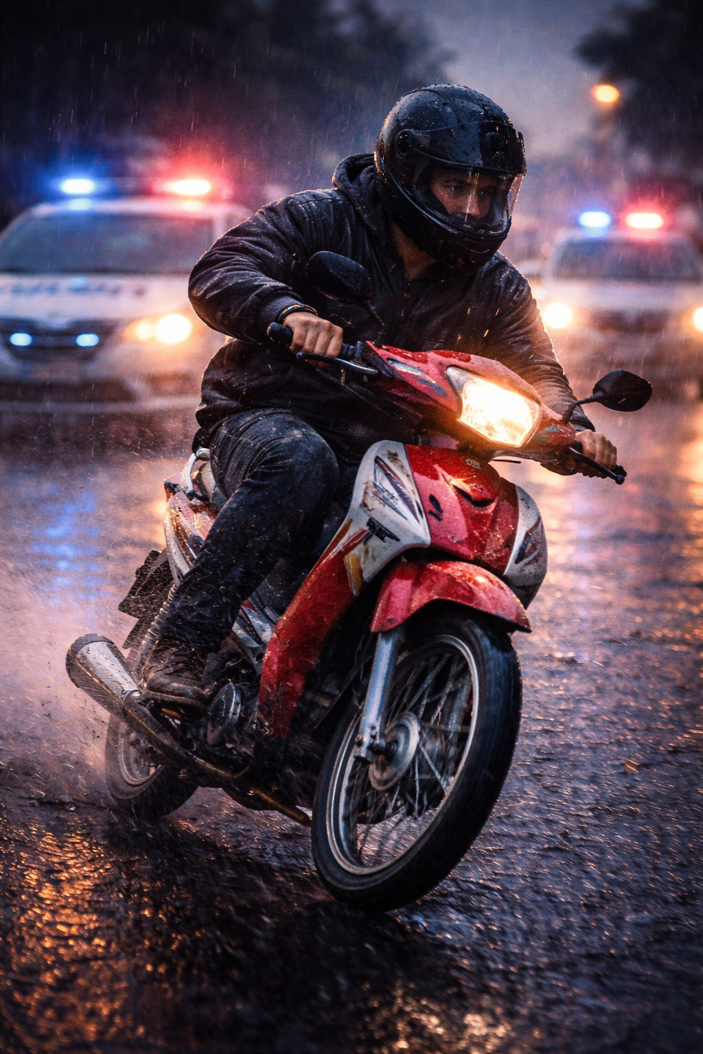 Motociclista con casco circula bajo la lluvia con luces policiales al fondo durante un operativo