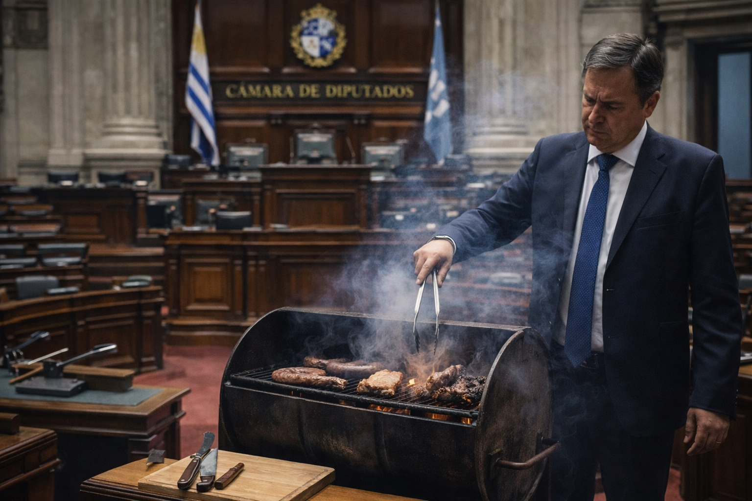 Hombre con traje cocina carne en una parrilla tipo tanque dentro de un recinto parlamentario.