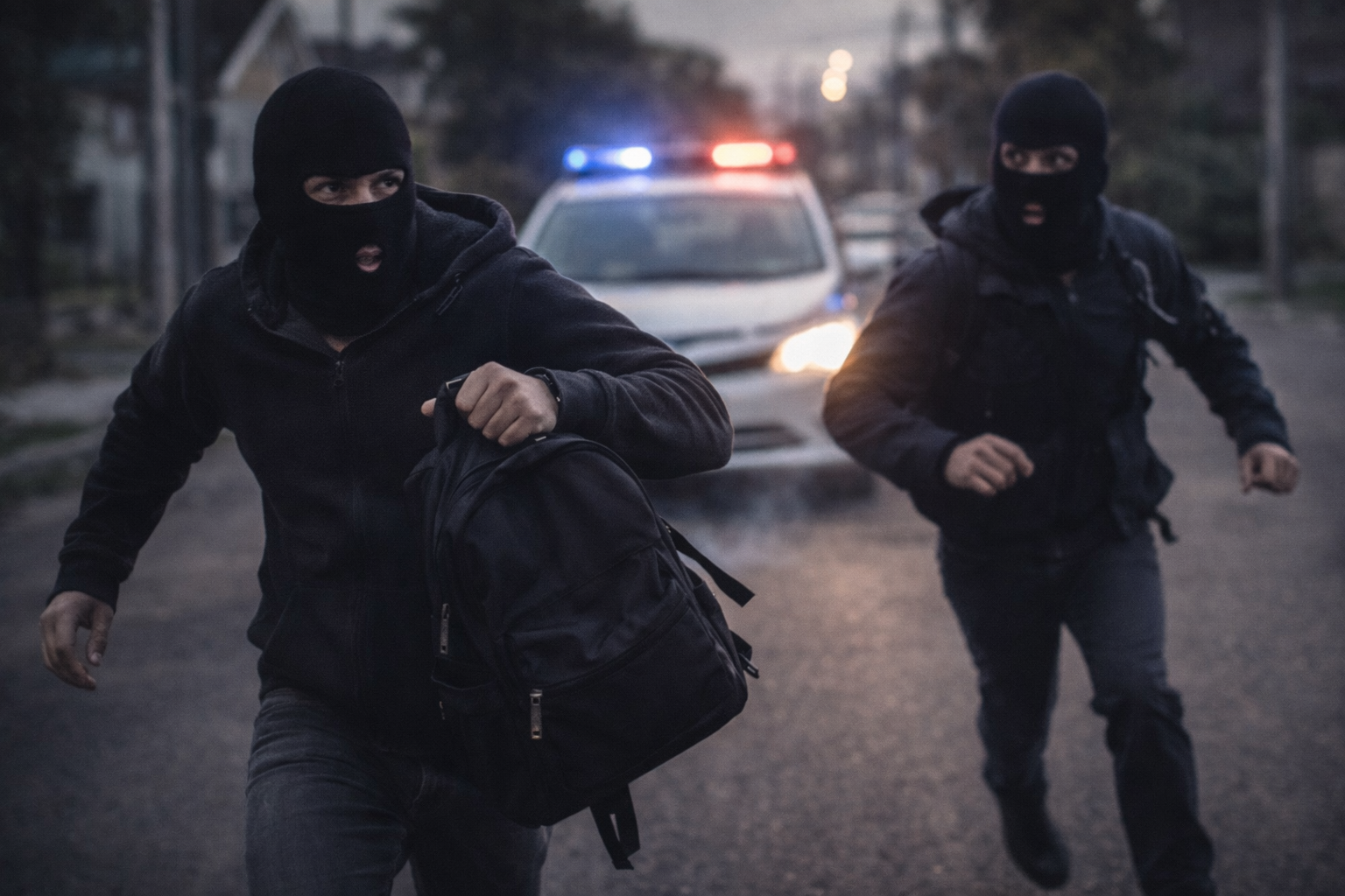 Dos personas con pasamontañas corren por la calle; una lleva una mochila, con patrullero con luces encendidas detrás (imagen ilustrativa).
