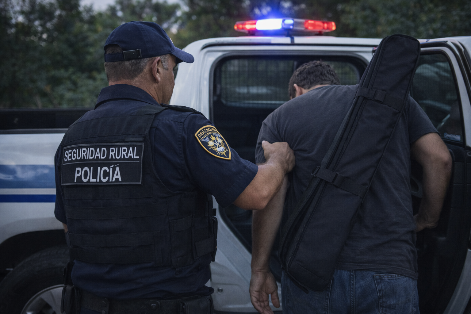 Policía rural escolta a un hombre hacia una camioneta policial en un camino rural; el hombre lleva un estuche porta-rifle (imagen ilustrativa).