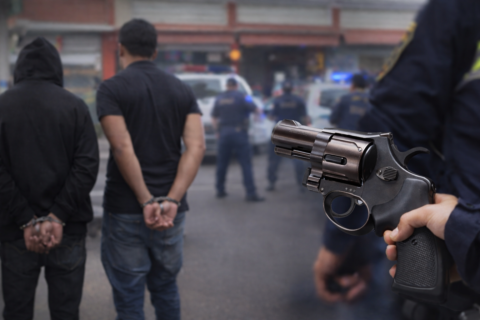 Dos hombres esposados de espaldas y presencia policial durante un operativo (imagen ilustrativa, no corresponde al hecho).