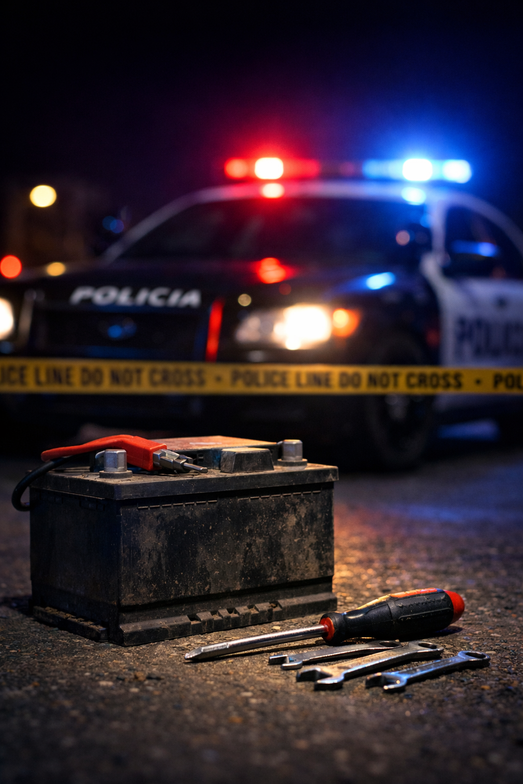 Batería de auto en primer plano con luces policiales al fondo durante la noche (imagen ilustrativa).