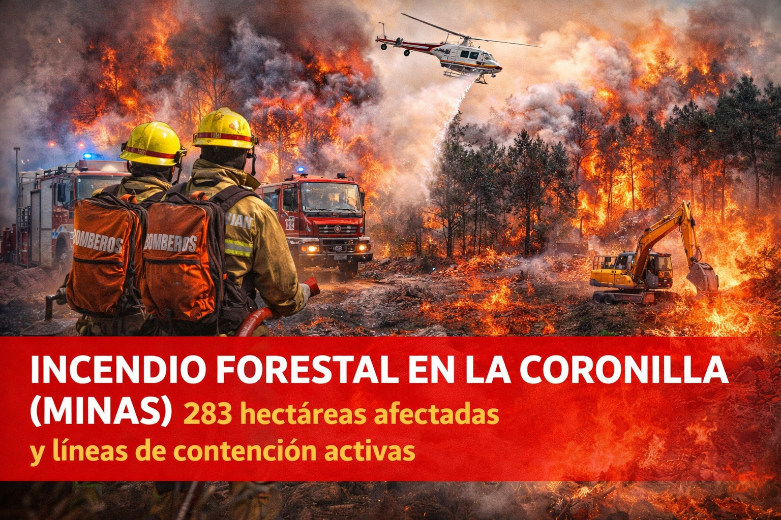 Incendio forestal en La Coronilla (Minas): 283 hectáreas afectadas y líneas de contención activas (imagen ilustrativa)