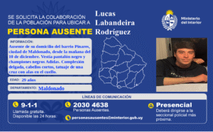 Buscan a Lucas Labandeira Rodríguez, ausente desde el 10 de diciembre en Maldonado