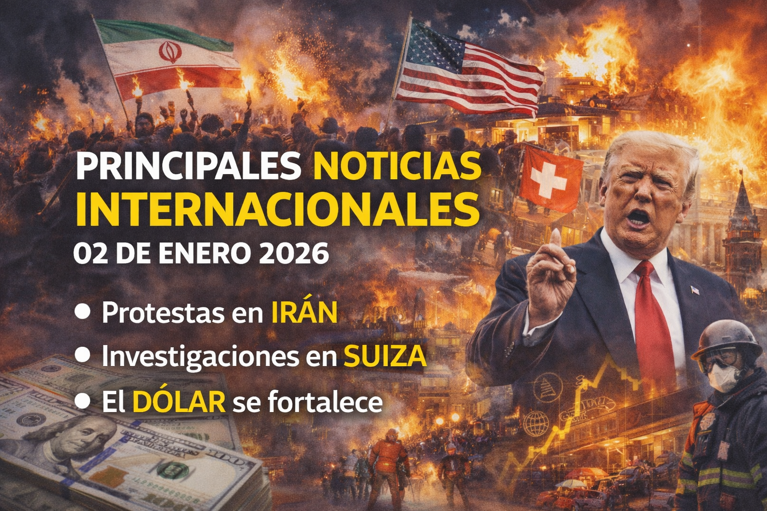 Portada con collage de las principales noticias internacionales del 2 de enero de 2026 (imagen ilustrativa)