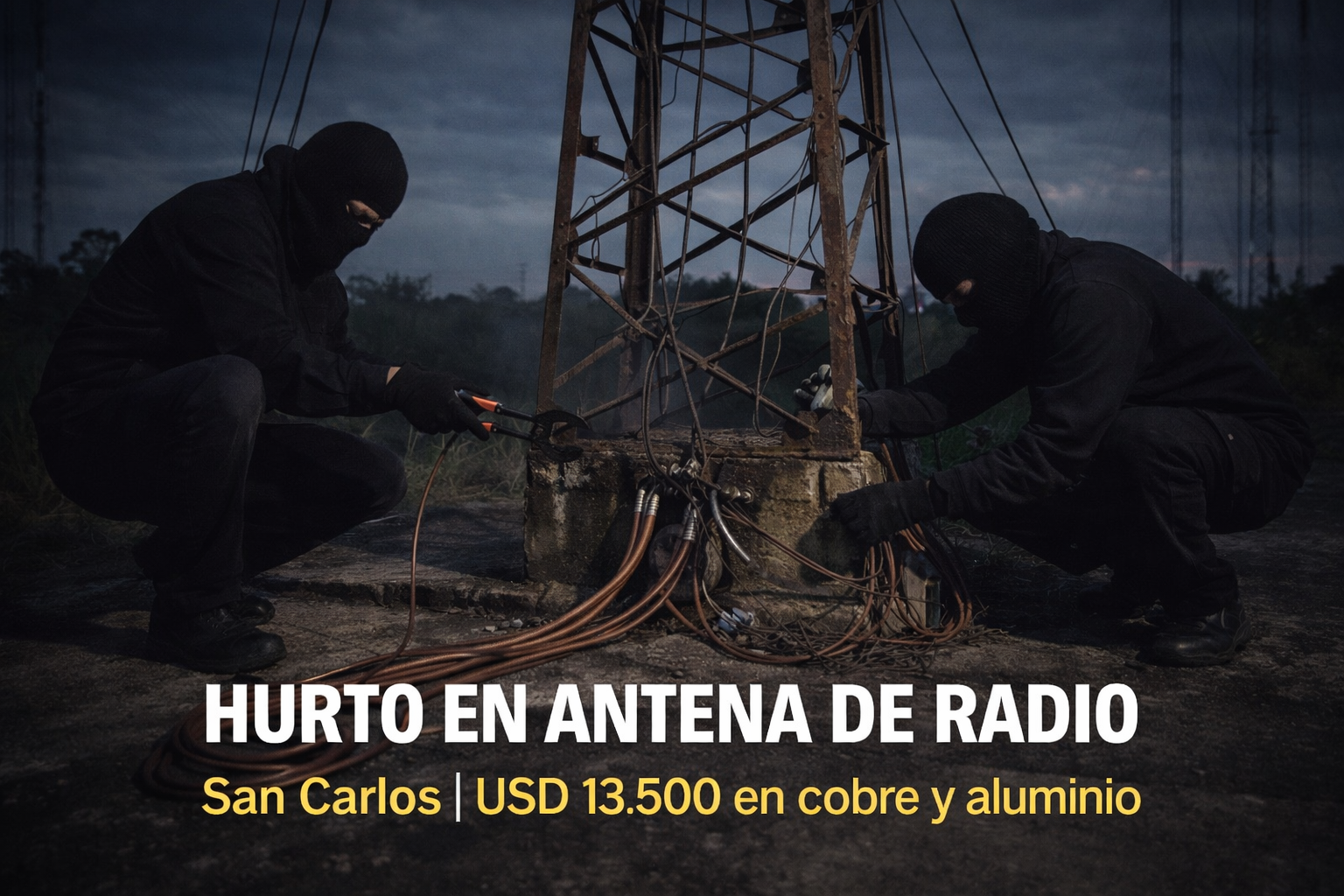 Dos personas con pasamontañas cortan cables en la base de una antena de radio en San Carlos
