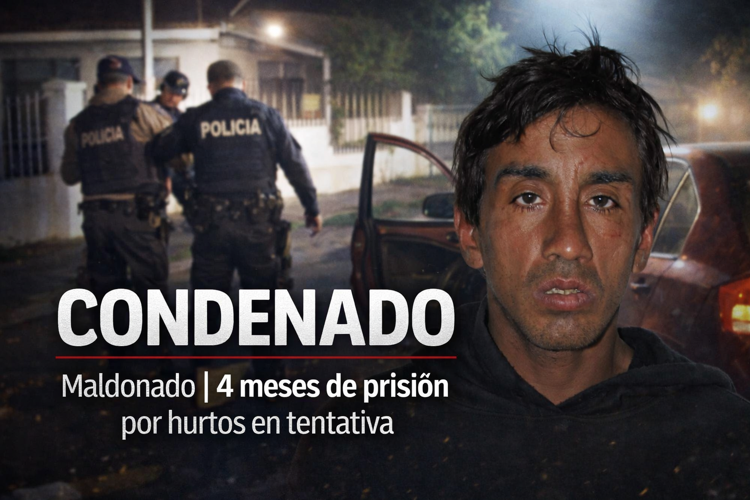 Portada ilustrativa: condenado en Maldonado por hurtos en tentativa, con recreación del hecho y texto “Condenado”