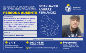 Maldonado: solicitan colaboración para ubicar a Brian Javier Aguirre Fernández, persona ausente