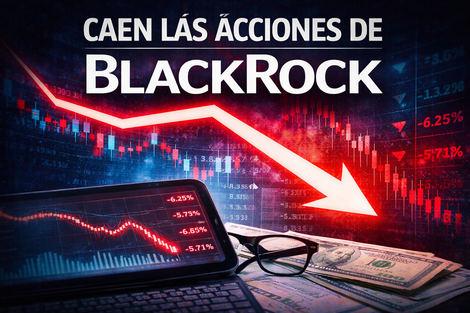 Portada sobre la caída de las acciones de BlackRock con gráfico bursátil en baja