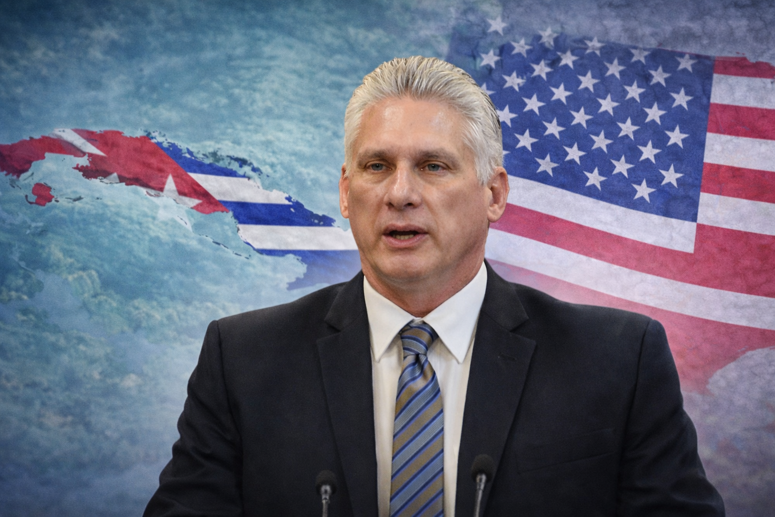 Miguel Díaz-Canel en una composición ilustrativa con los mapas y banderas de Cuba y Estados Unidos al fondo.