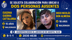 Buscan a Eugenia Guerra y Diego Bon, dos jóvenes ausentes en Maldonado
