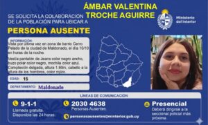 Buscan a Ámbar Valentina Troche Aguirre, una adolescente de 15 años ausente en Maldonado